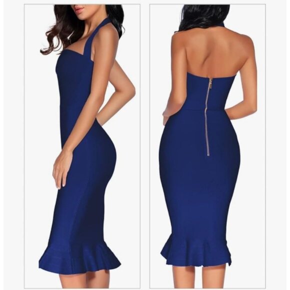 Womens Size XS Bandage Midi Halter Dress Ruffle Hem Zipper Closure Stretch Party - Picture 3 of 12